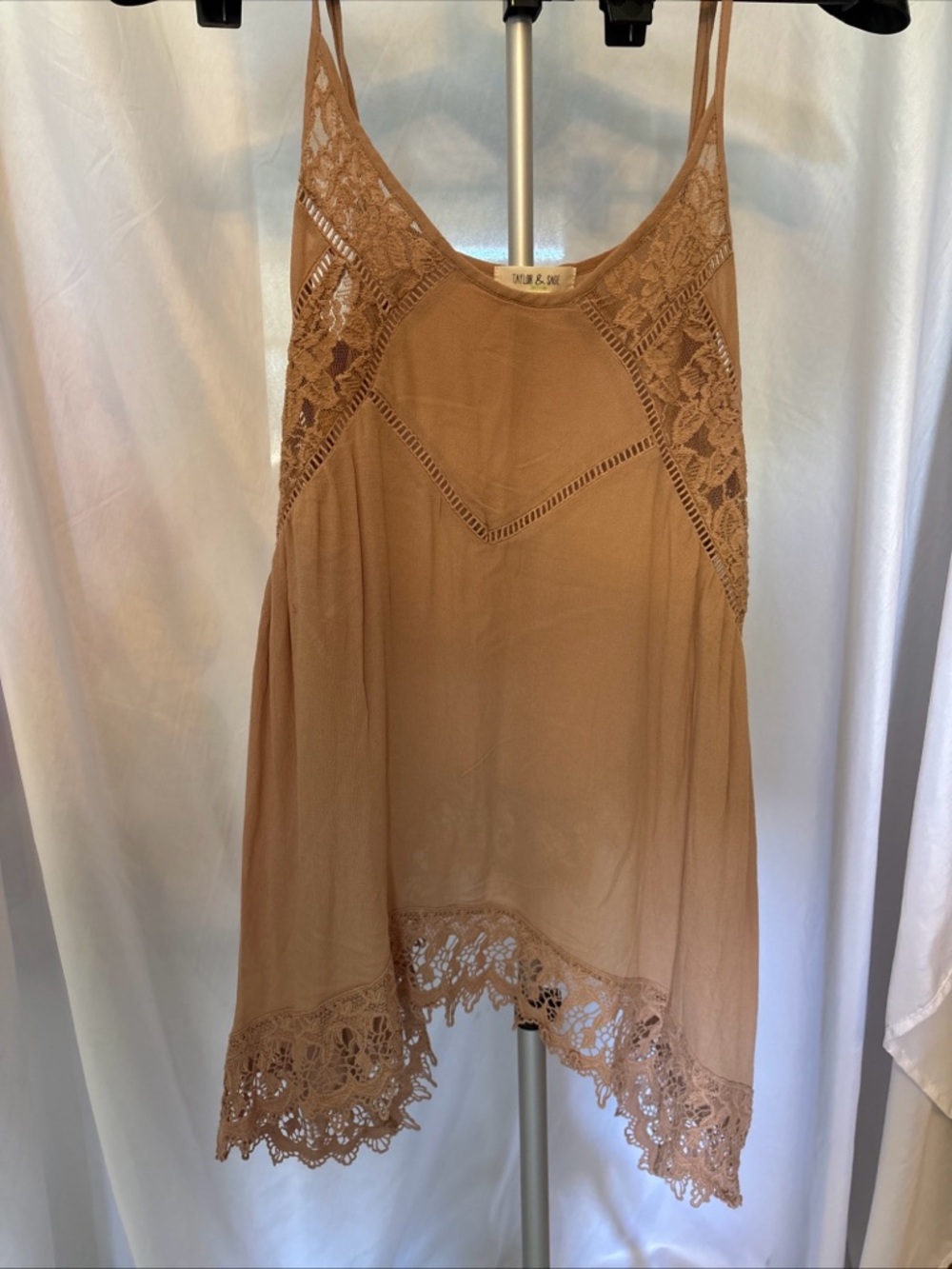 Taylor & Sage Camel Lace-Trim Spaghetti Strap Camisole
